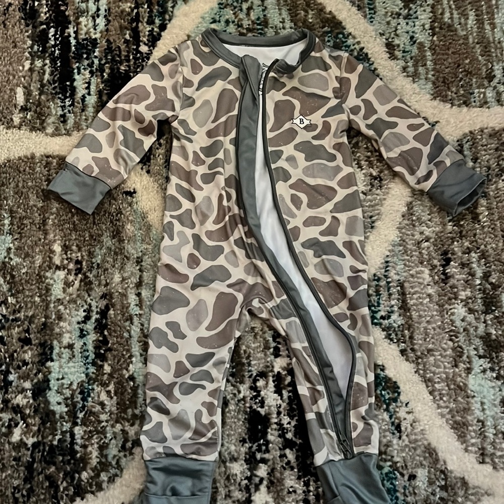 Burlbo tan camo onesie, with convertible hands and feet